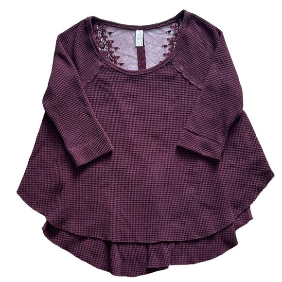 Free People Top XS Maroon Relaxed Lace Back Stretch Waffle Knit Boho Peasant - Picture 1 of 14